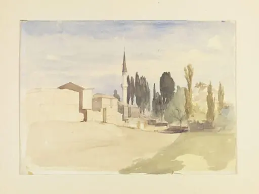A group of houses, a minaret and cypress trees, by Edward Armitage