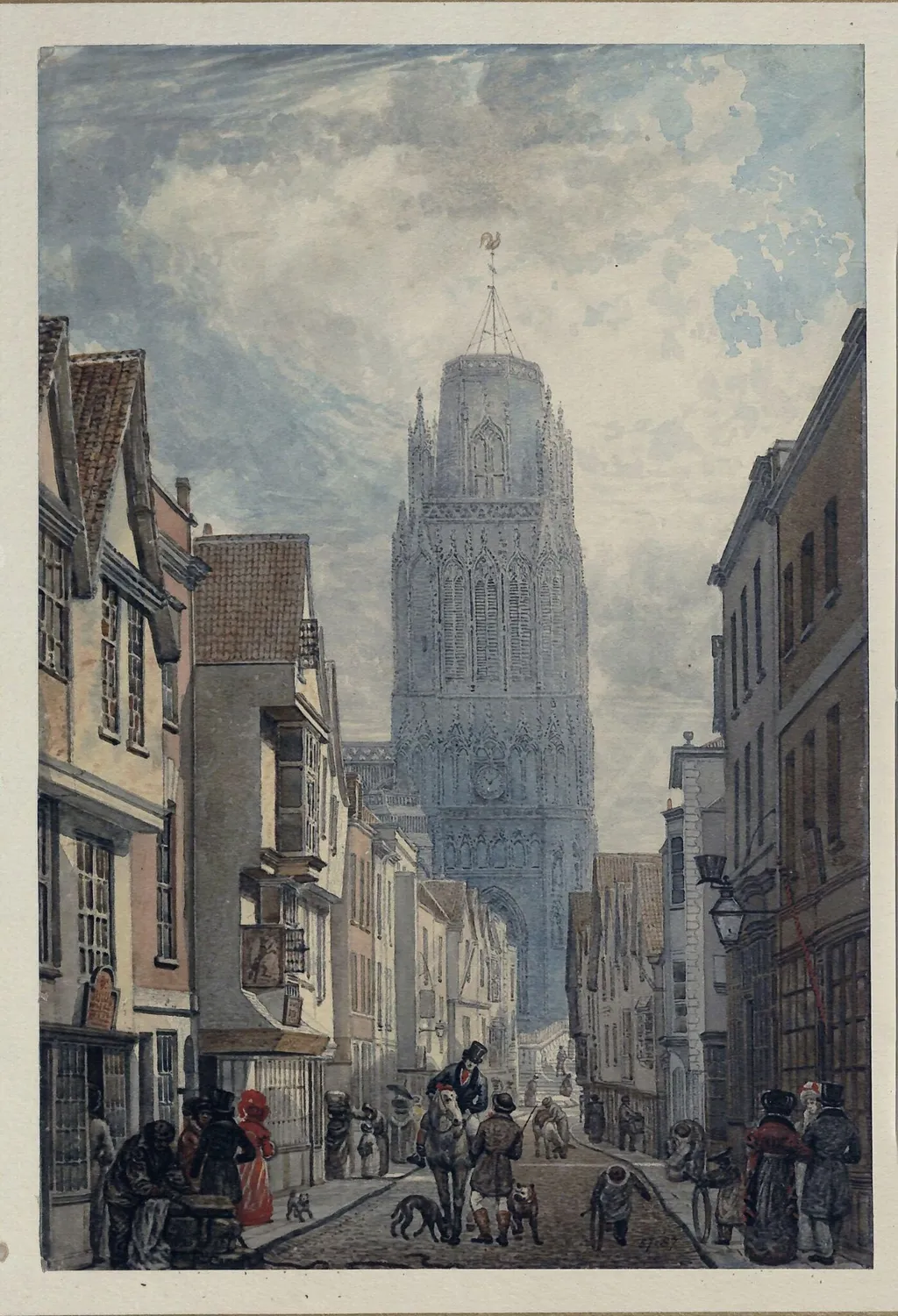 A street in Bristol with the tower of the Church of St. Mary Redcliffe, by Edward Cashin, watercolor, 1825