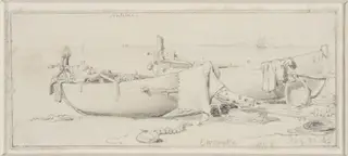 Fishing boats on the beach at Nice, with Antibes in the distance, by Edward Cooke, 1845