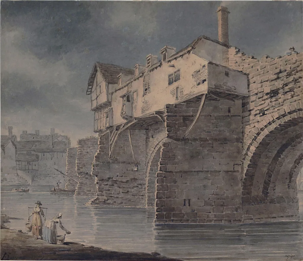 Bewdley, Worcestershire - Old Bridge with Houses, by Edward Dayes, watercolor, 1797