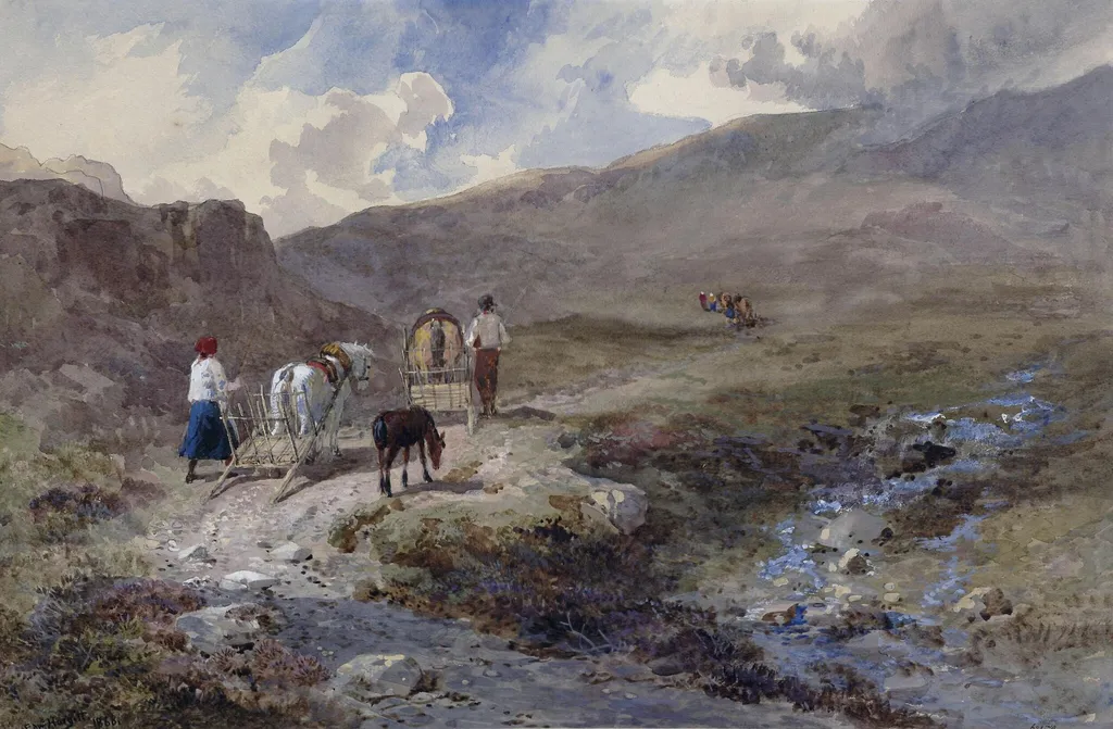 Mountain Scenery with peasants and drays, by Edward Hargitt, watercolor, 1868