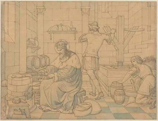 Saint Wenzel Cooking Hosts as Two Youths Press Wine, by Edward Jakob von Steinle, 1866