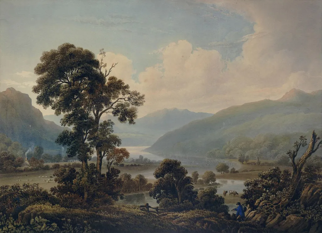 Landscape wih River and Mountains, by Edward James Pasquier, watercolor, 1832