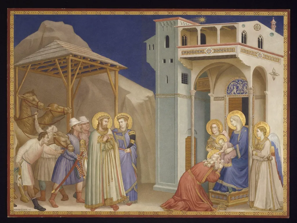 Copy after the painting Adoration of the Magi by Taddeo Gaddi in Lower Church, San Francesco, Assisi, by Edward Kaiser, watercolor, 1874