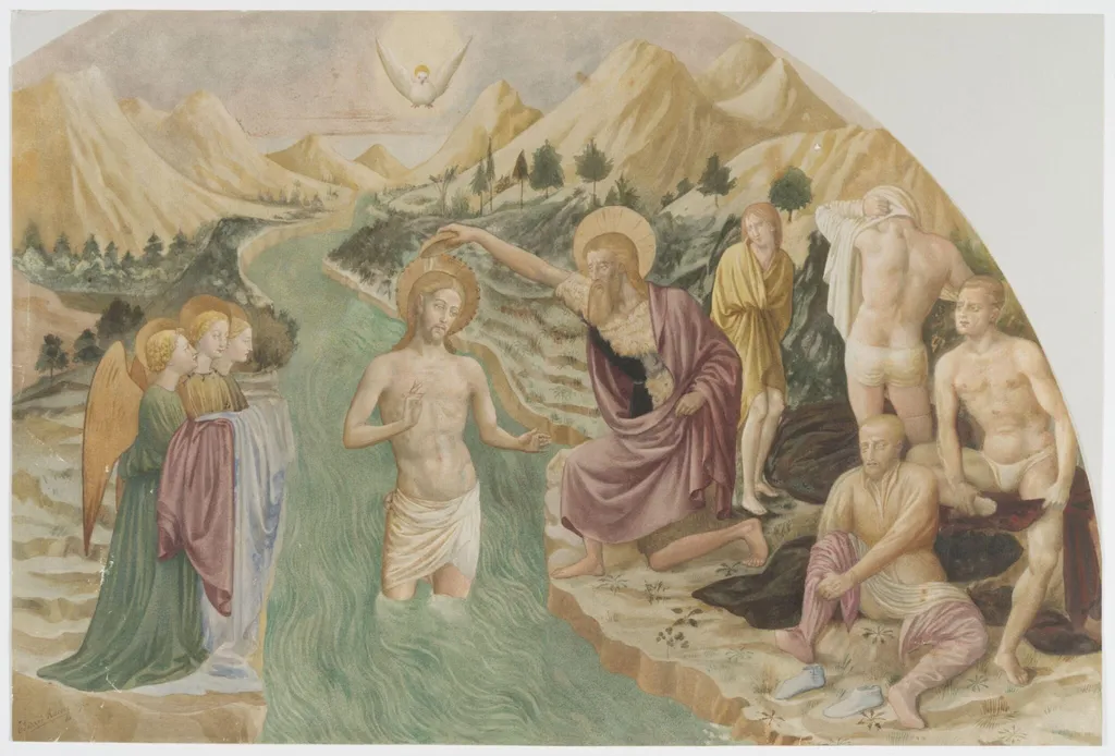 Copy after the painting Baptism of Christ by Masolino in Castiglione d'Olona, by Edward Kaiser, watercolor, 1885