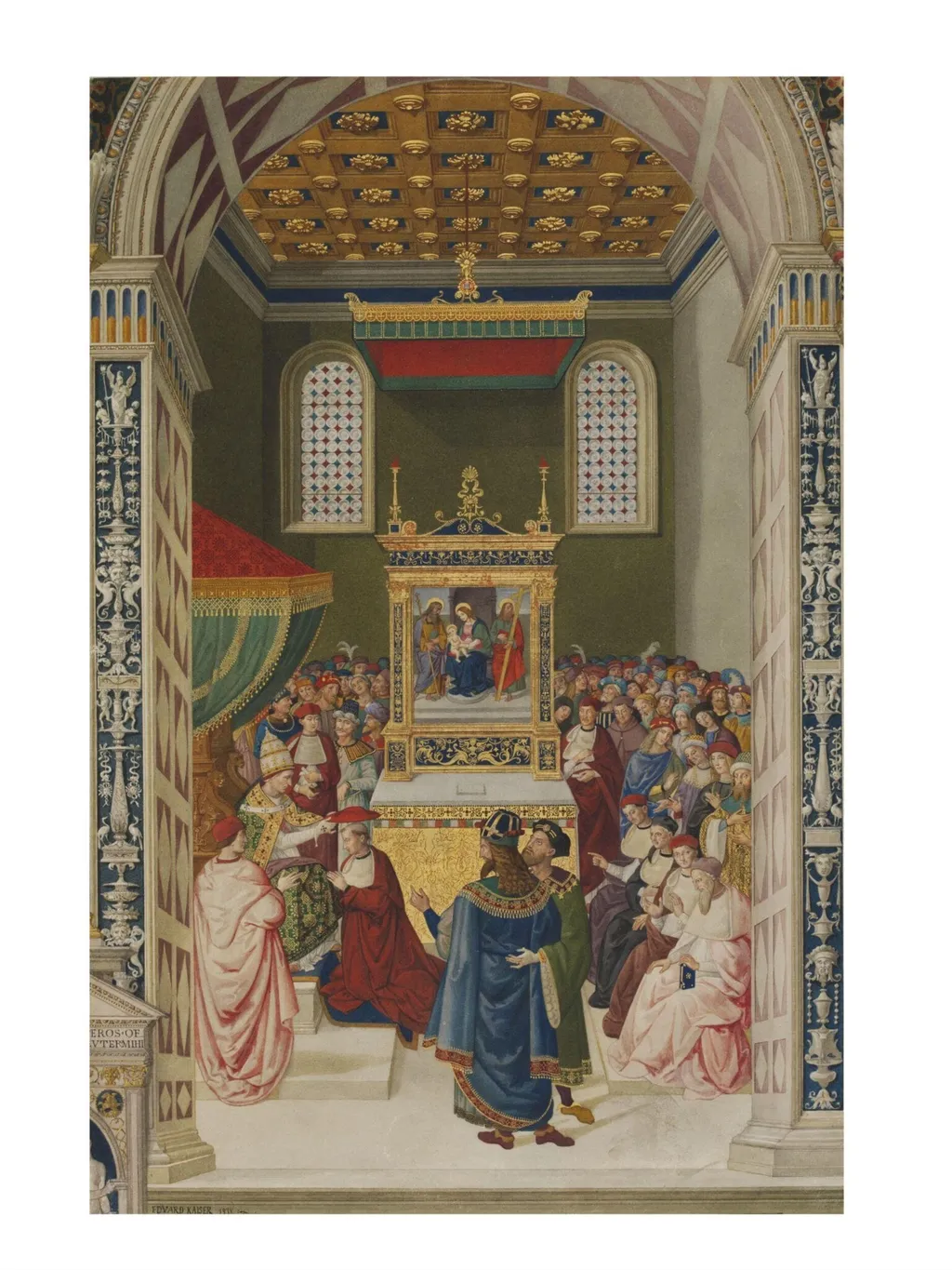 Copy after the painting Piccolomini receiving the Cardinal's hat by Pinturicchio in the Libreria Piccolomini, Siena., by Edward Kaiser, watercolor, 1878