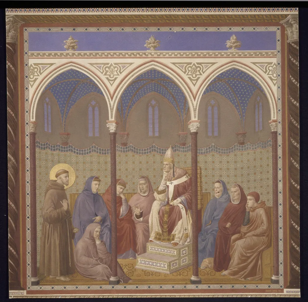 Copy after the painting St Francis before Pope Honorius by the Master of the St Francis cycle in the Upper Church, San Francesco, Assisi, by Edward Kaiser, watercolor, 1873