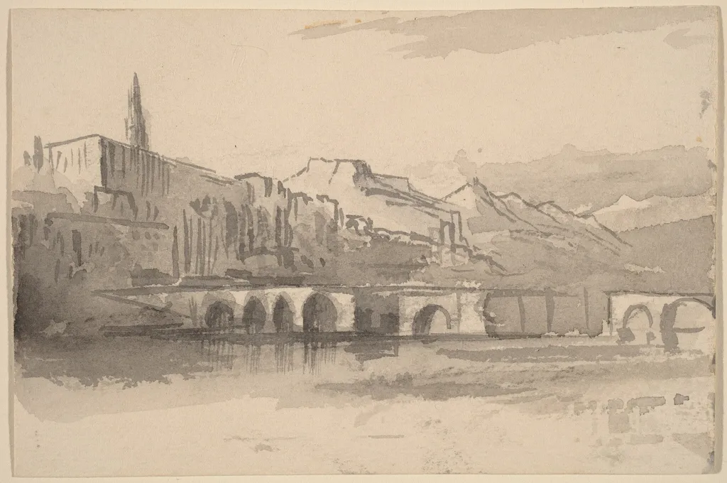 Bridge with Mountains in the Distance (Ventimiglia), by Edward Lear, graphite, 1884