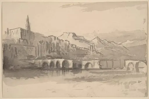 Bridge with Mountains in the Distance (Ventimiglia), by Edward Lear