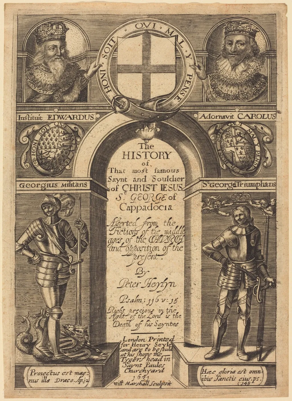 Frontispiece for Peter Heylyn's "The History of St. George of Cappadocia", by Edward Marshall, ink, 1631