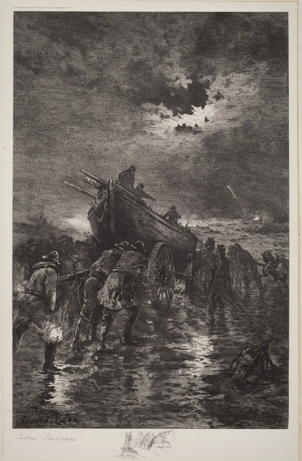 Untitled (Launching a Dory/To the Rescue/Shipwreck), by Edward Moran, ink, 1895