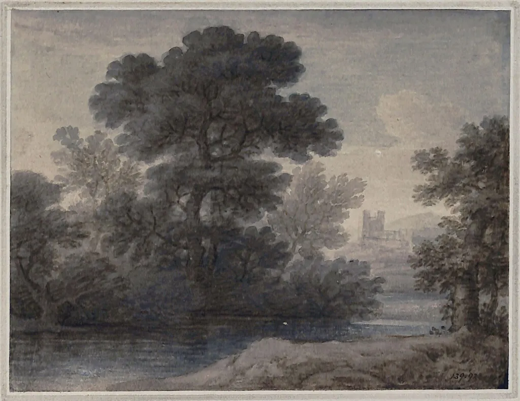 Landscape with river and castle, by Edward Oram, watercolor, 1787