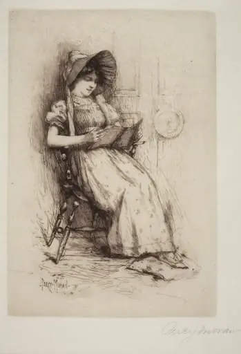 Untitled (Young Girl With Hat, In Chair, Reading), by Edward Percy Moran
