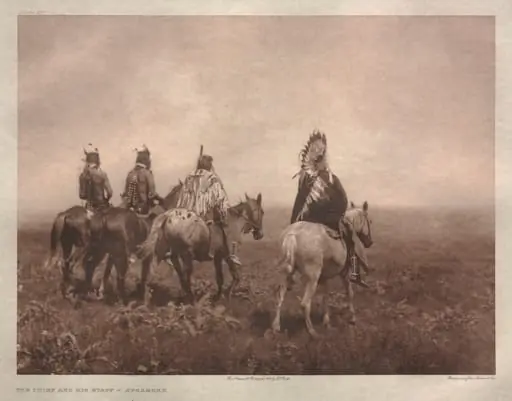 Portfolio IV, Plate 137: The Chief and His Staff--Apsaroke, by Edward S. Curtis
