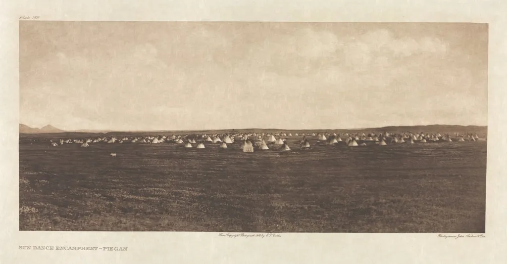 Portfolio VI, Plate 192: Sun Dance Encampment--Piegan, by Edward S. Curtis, 1900