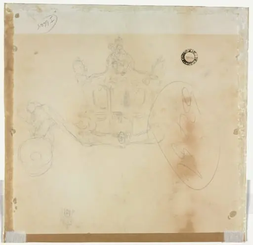 Study for Cab and Front Left Wheel of Coach and Study for Head of Crowned Figure Seated on Top of Coach (verso), by Edward Tennyson Reed