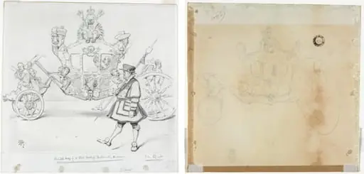 The Stagecoach for Parliamentary Purposes (recto) Study for Cab and Front Left Wheel of Coach and Study for Head of Crowned Figure Seated on Top of Coach (verso), by Edward Tennyson Reed