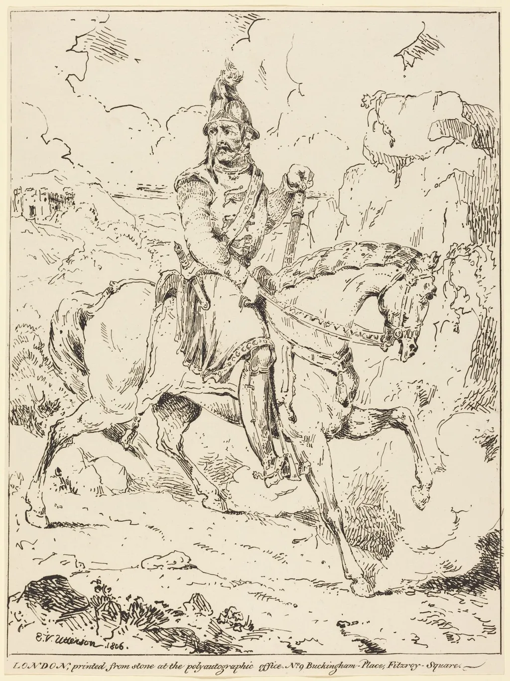 Knight in Armor on Horseback, by Edward Vernon Utterson, ink, 1806