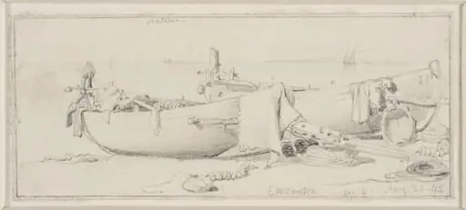 Fishing boats on the beach at Nice, with Antibes in the distance, by Edward William Cooke