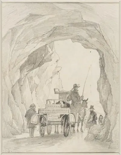 Jaunting car passing under an archway, by Edward William Cooke