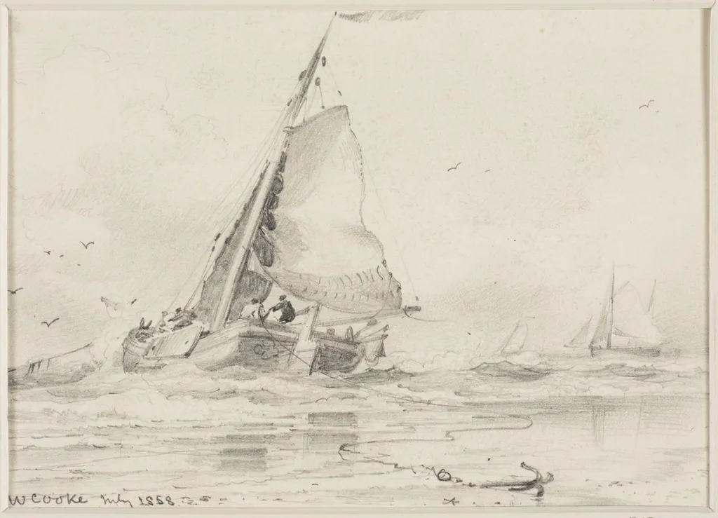 Sailing barges off shore, by Edward William Cooke, 1858
