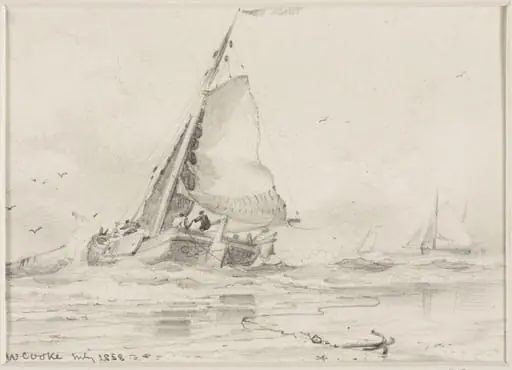 Sailing barges off shore, by Edward William Cooke