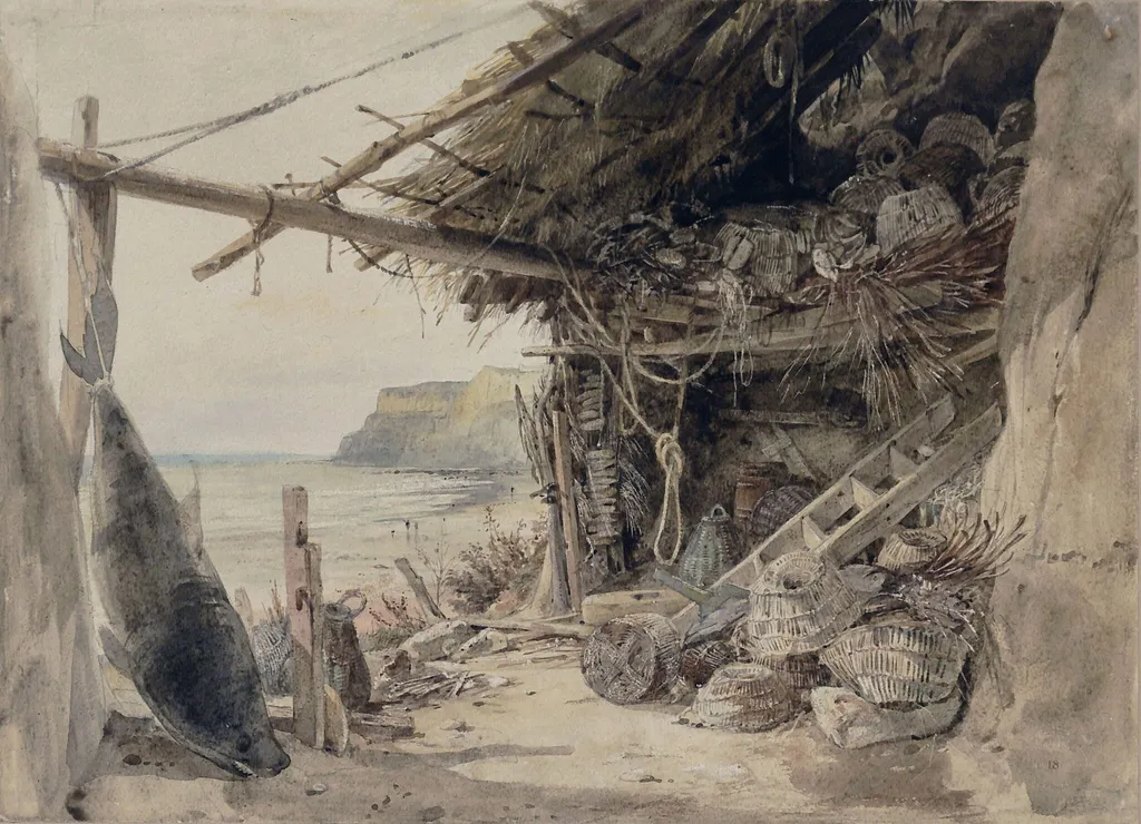 Study for 'Mending the Bait Nets', by Edward William RA FRS FSA Cooke, watercolor, 1834