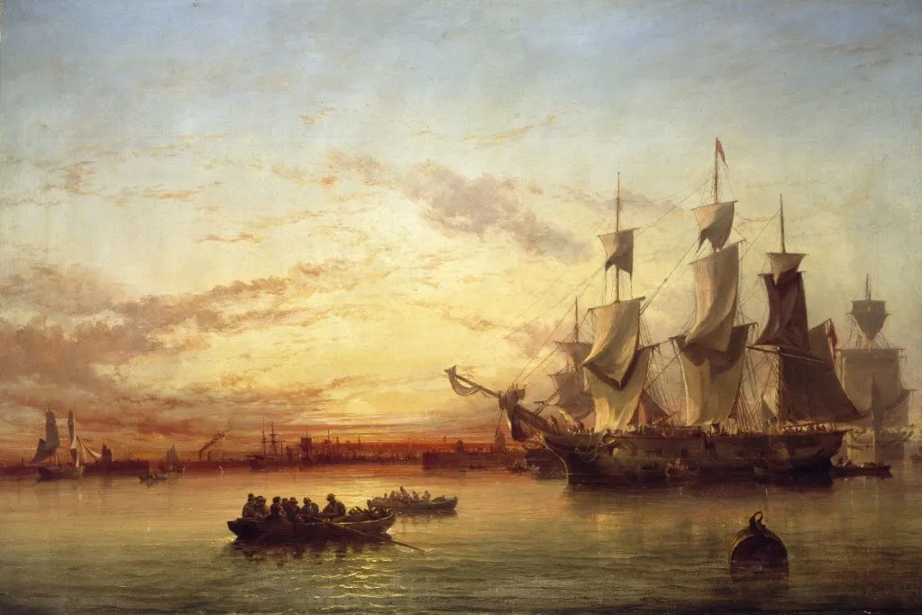 An Emigrant Ship, Dublin Bay, Sunset, by Edwin Hayes, oil, 1853