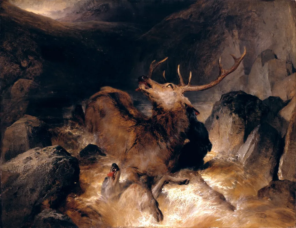 Deer and Deer Hounds in a Mountain Torrent, by Edwin Landseer, oil, 1832