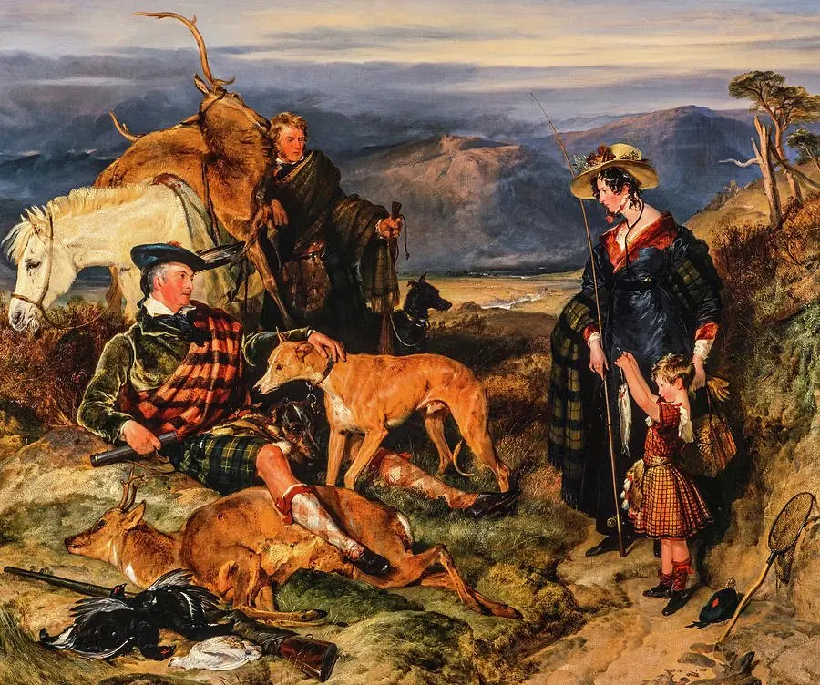 Scene in the Highlands, with portraits of the Duchess of Bedford, the Duke of Gordon and Lord Alexander Russell, by Edwin Landseer