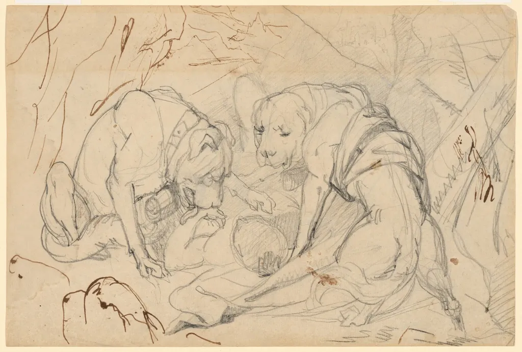 Study for "Alpine Mastiffs Reanimating a Distressed Traveler" (recto); Study for "Alpine Mastiffs Reanimating a Distressed Traveler" (verso), by Edwin, Sir Landseer, graphite, 1820