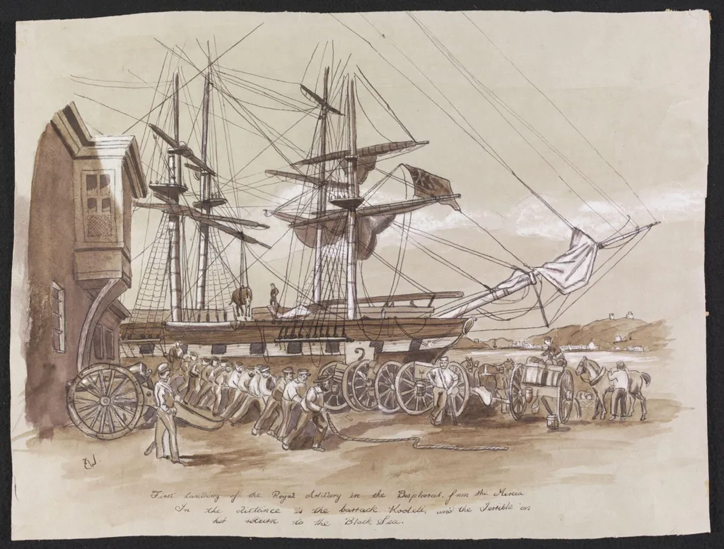 First Landing of the Royal Artillery in the Bosphorus. from the Mercia In the distance is the barrack Kooleli, and the Terrible on her return to the Black Sea, by Edwin Weedon, watercolor, 1854