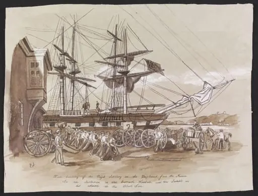 First Landing of the Royal Artillery in the Bosphorus. from the Mercia In the distance is the barrack Kooleli, and the Terrible on her return to the Black Sea, by Edwin Weedon