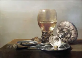 Still-life with Wine Glass and Silver Bowl, by Pieter Claesz, oil, 1635