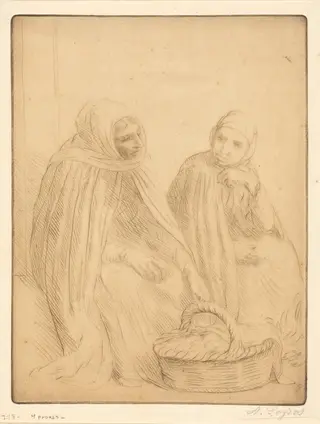 Egg-sellers, 1st plate (Les marchandes d'oeufs), by Alphonse Legros, ink, 1874