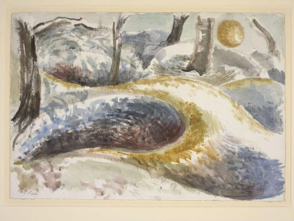 Landscape at Pen Pitts, by Paul Nash, watercolor, 1937