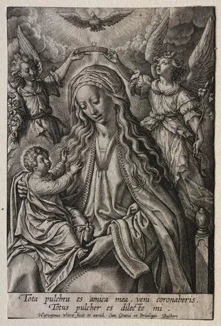Virgin Crowned by Two Angels, by Hieronymus Wierix, 1619