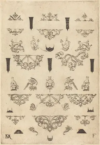 Eleven Different Studs and Twenty-Three Ornaments, by Daniel Mignot, ink, 1593
