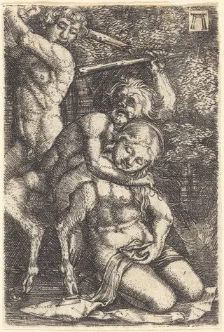 Two Satyrs Fighting about a Nymph, by Albrecht Altdorfer, ink, 1522