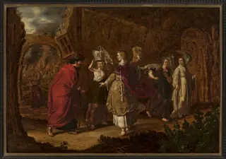 Lot Fleeing from Sodom, by Jan Tengnagel, oil, 1620