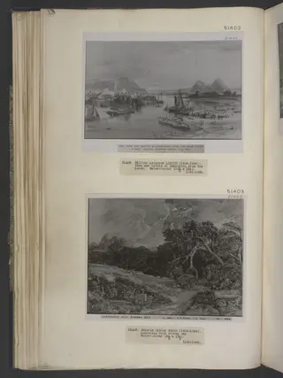 Mountain landscape, stormy sky, tree riven by lightning, by Francis Finch, watercolor, 1820