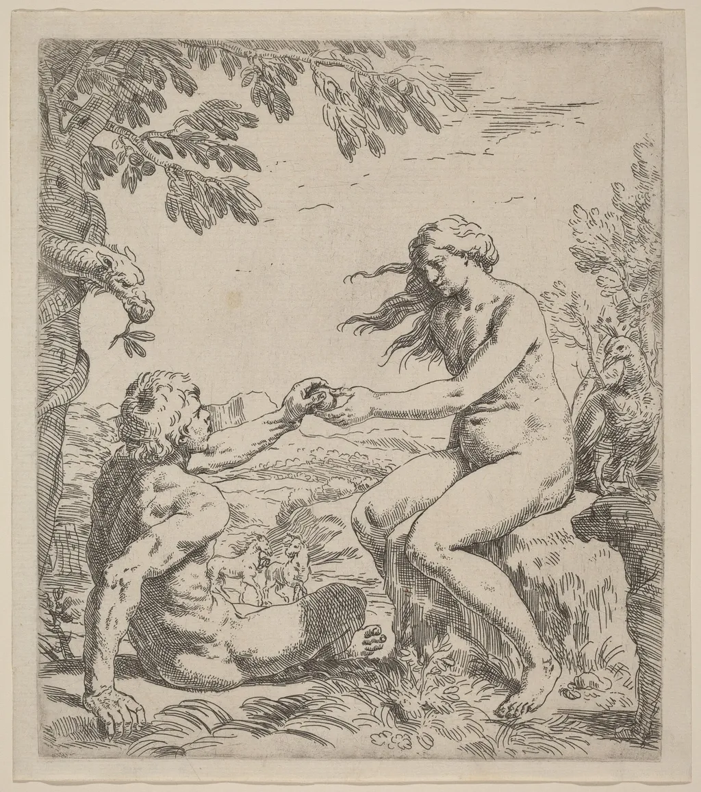 Adam and Eve, by Simone Cantarini, ink, 1644