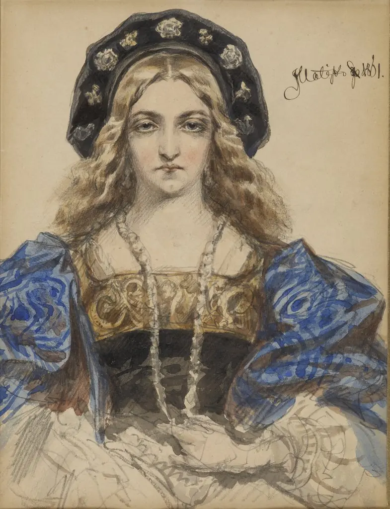 Portrait of a Young Woman – Portrait Study of Queen Bona (According to a Contemporary Woodcut), by Jan Matejko, watercolor, 1875