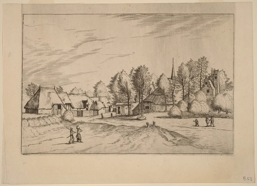Country Village with Church Tower, by Lucas van Doetechum, ink, 1560