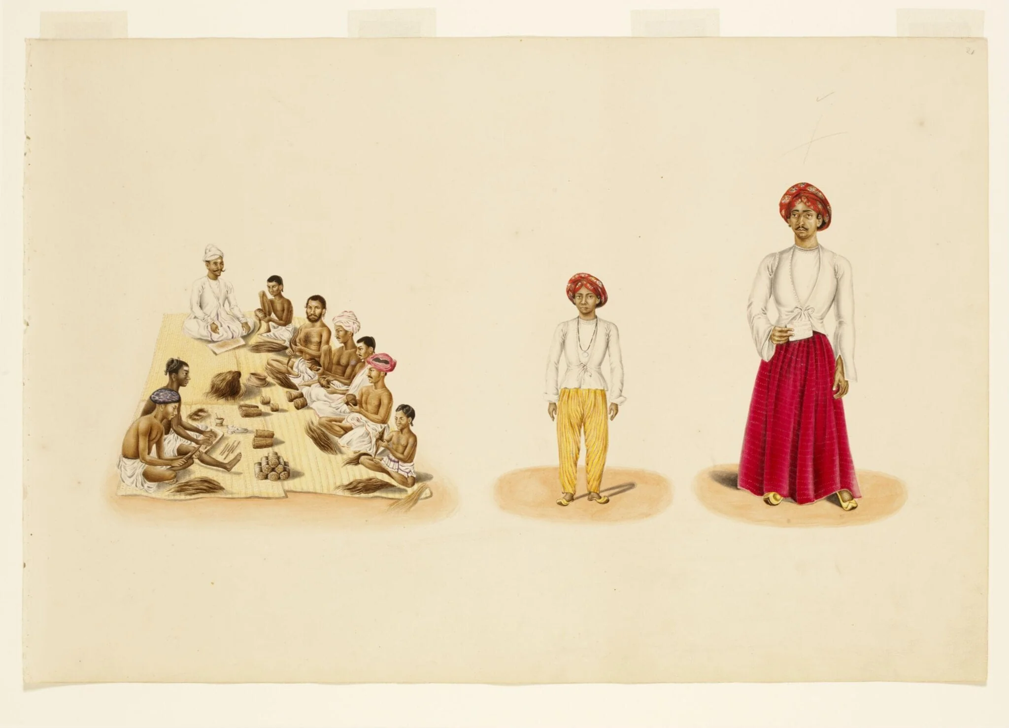 7 seated men making bidis (cigarettes), detail