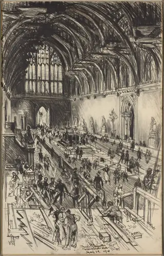 Preparations for the Lying in State of Edward VII, by Joseph Pennell, charcoal, 1910