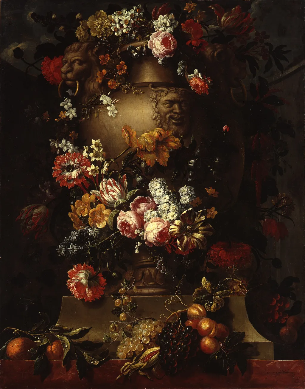Stone Vase with Garlands of Flowers and Fruit, by Gaspar Peeter Verbruggen the Younger, paint, 1690