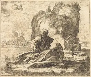 Saint John on the Isle of Patmos, by François Collignon, ink, 1630