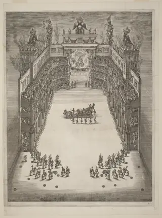 Aerial View of Theatre, by Stefano Della Bella, ink, 1652