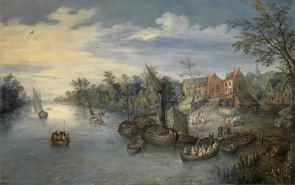A River Landscape, by Jan Brueghel, the elder, oil, 1603